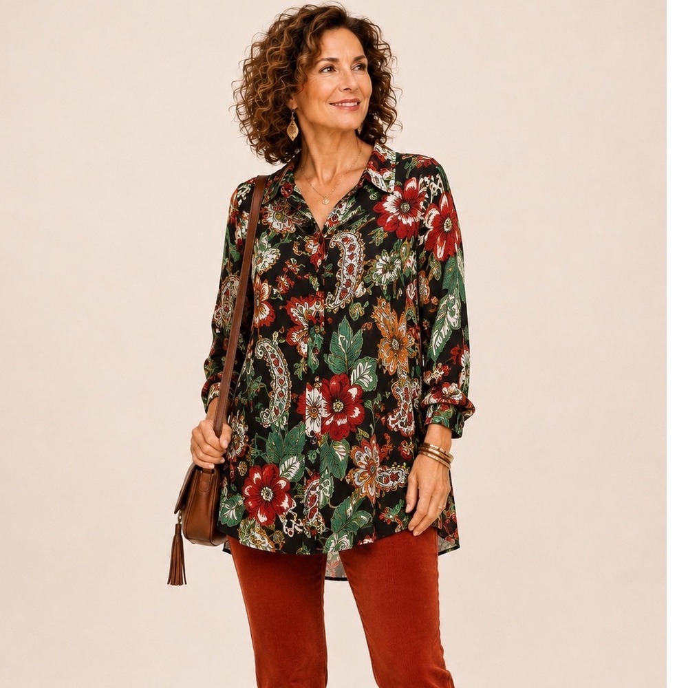 Attitudes by Renee  Paisley Floral Button Down Tunic Top 1XP NWT Artsy Festive